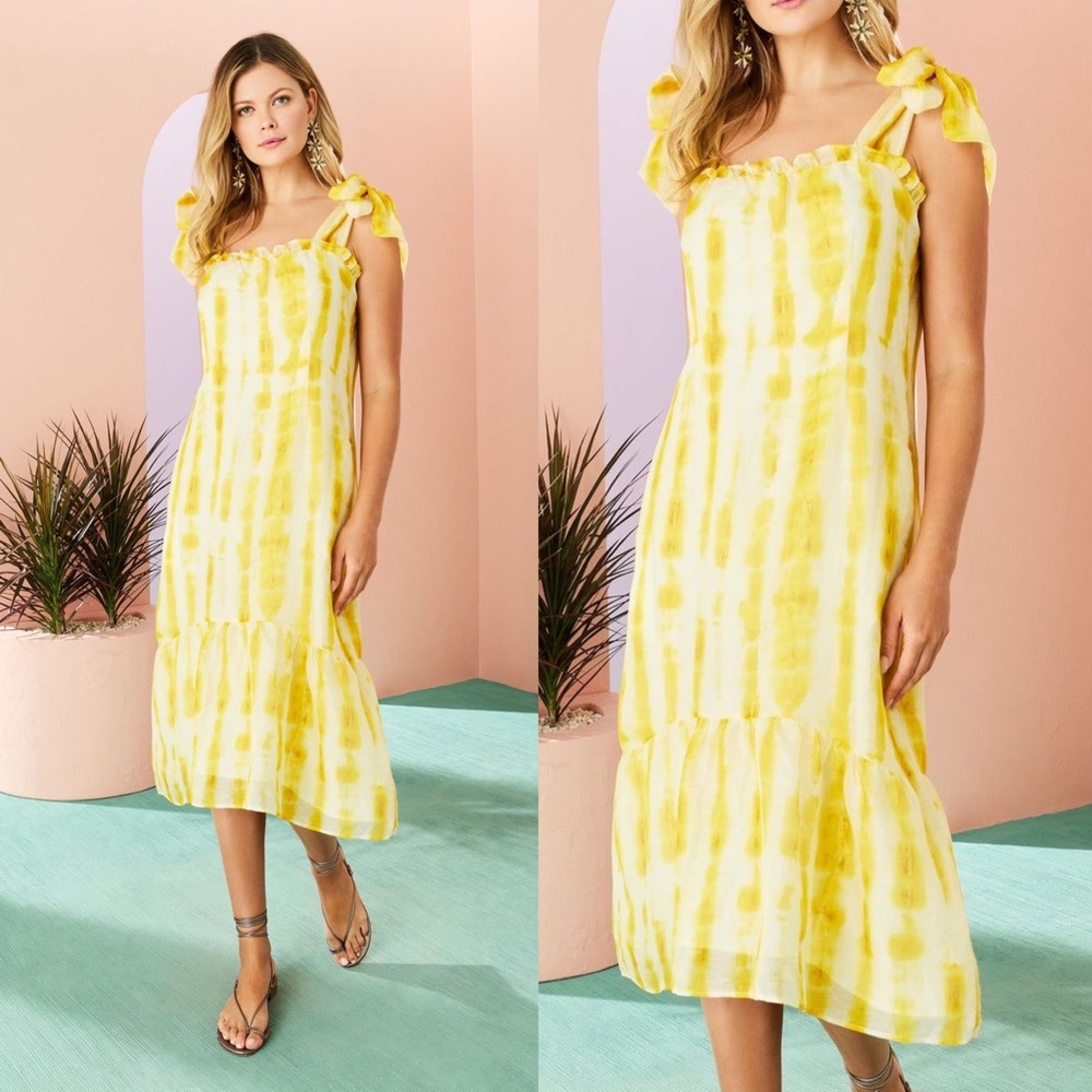 Marie Oliver Maya Lemon Dye Yellow Tie Dye Dress XS Linen Silk Blend